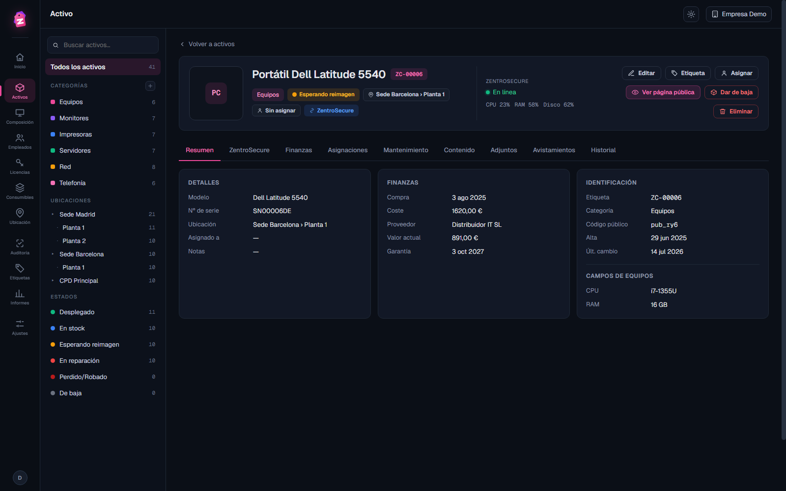 Ficha de un activo de ZentroAssets con sus pestañas, identificación y campos personalizados de la categoría