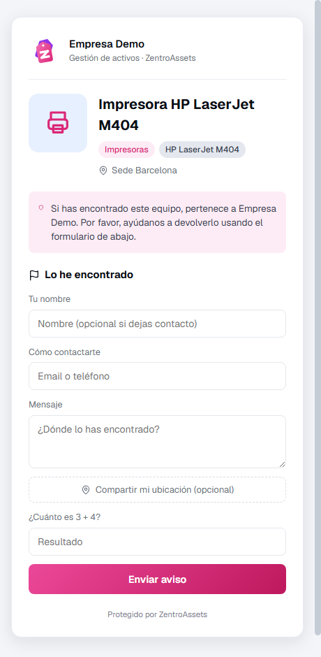 Página pública de un activo al escanear su QR: de qué es, de quién es y formulario «Lo he encontrado»