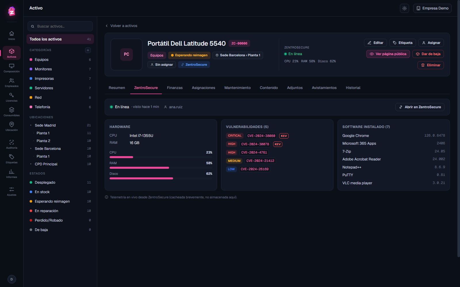 Pestaña ZentroSecure de un activo: hardware con medidores de CPU, RAM y disco, vulnerabilidades por severidad con marca KEV y software instalado